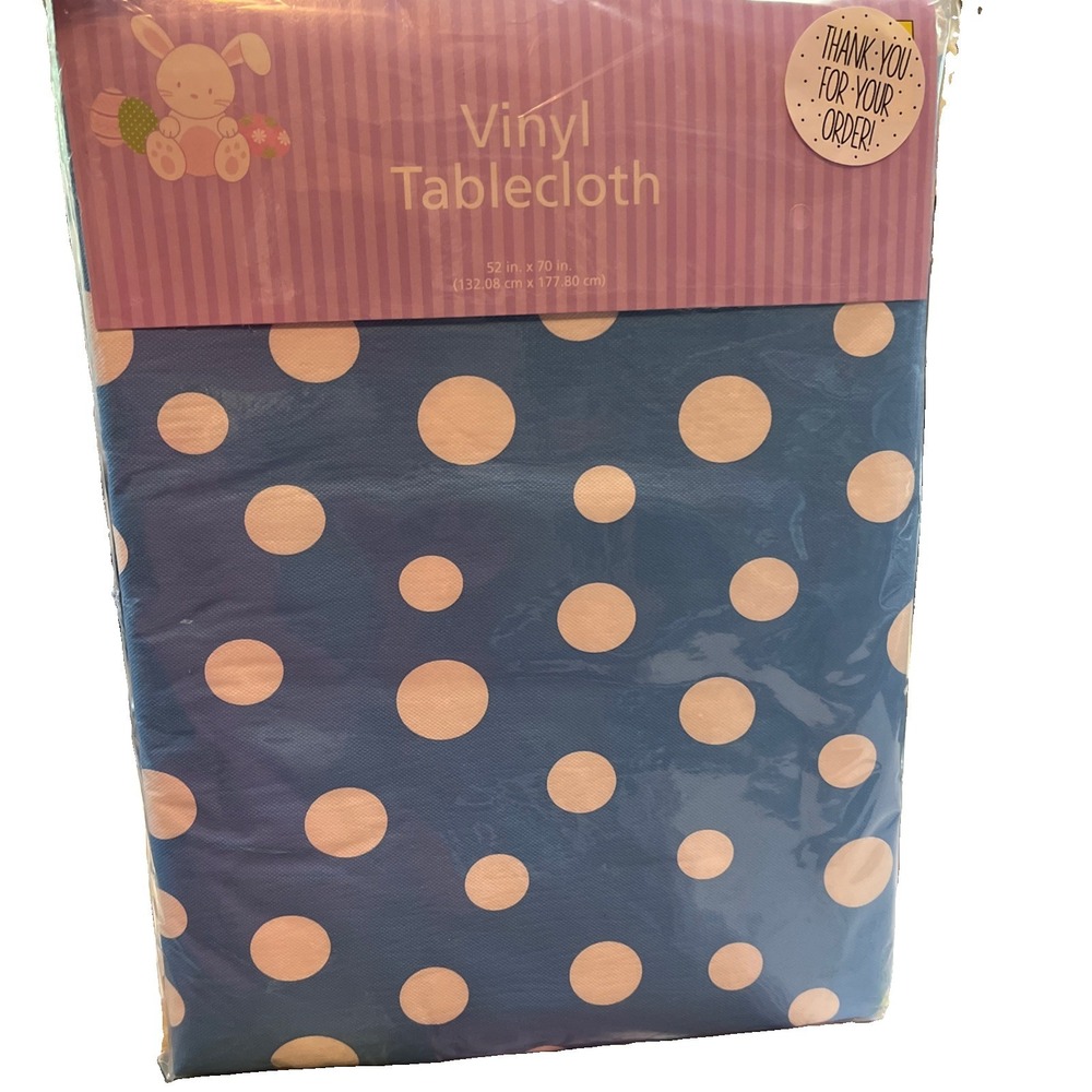 52x70 Inch 100% Vinyl Tablecloth Pastel Blue With Polka dots New